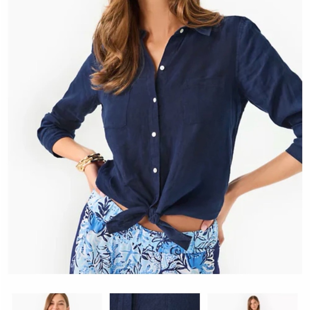 Lilly Pulitzer Navy Blue linen Women's Button-Up Top shirt blouse size small 💕